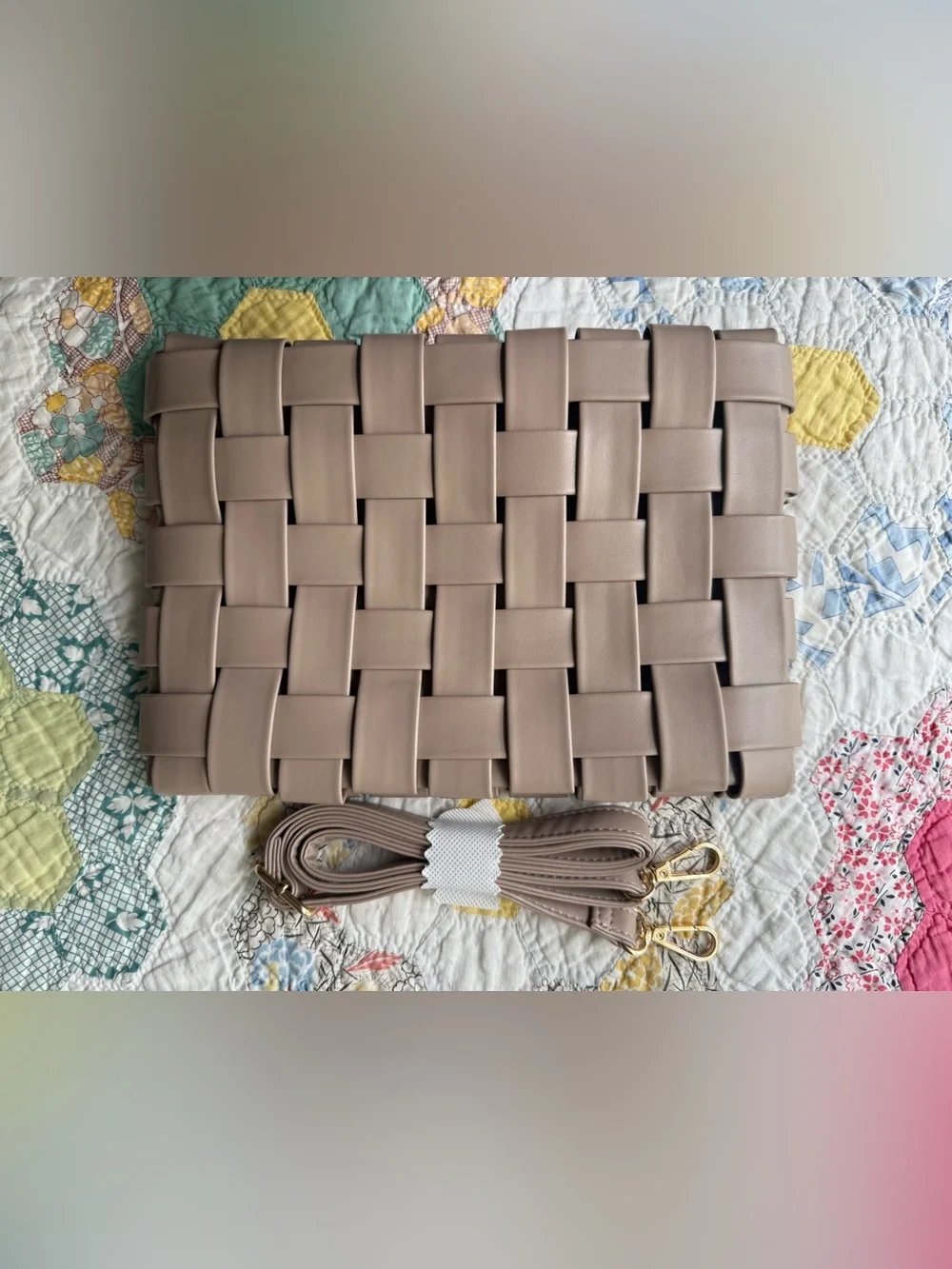 Anthropologie Woven Leather Clutch Bag with strap in Taupe